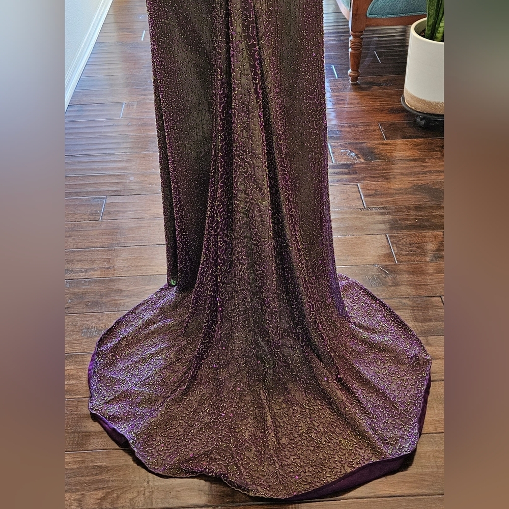 Je Matadi Gown Beaded Silk Fabric Shell Prom Formal Glam Purple Green Dress - Picture 7 of 17